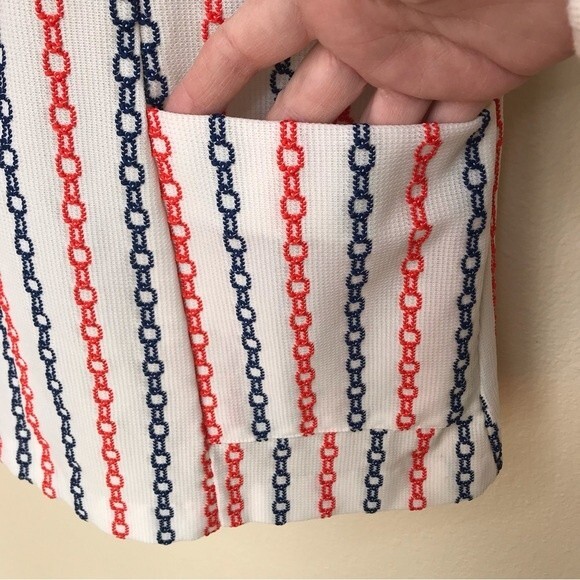 Vintage 70s White Double Knit Orange Blue Chain Stitch Zip Up Top Womens Medium - Picture 3 of 14